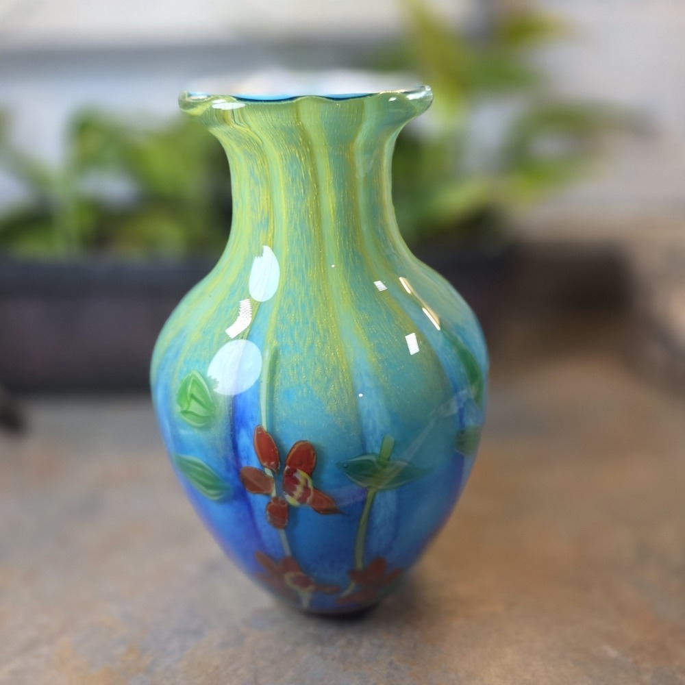 Vintage Art Glass Floral Vase Handblown Cased Glass Very Heavy Beautiful